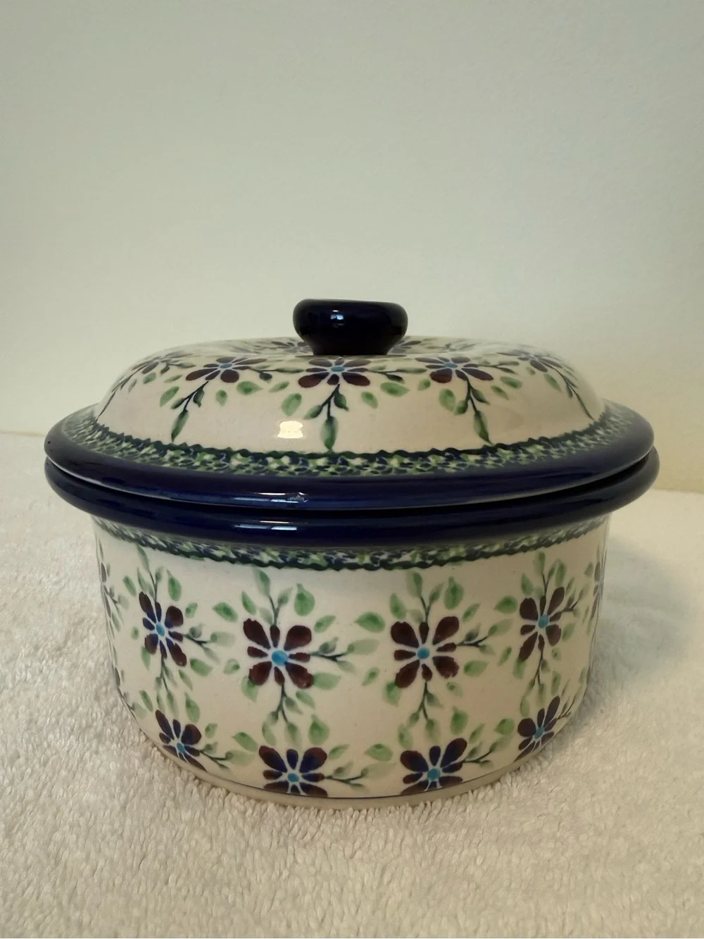 Polish Pottery Hand-Painted Floral 8” Covered Baking Dishes - Set of 2
